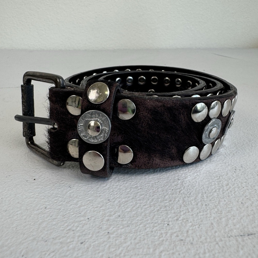 WILLIAM WALLACE Leather Belt 30-32 Black Silver Hardware Single Prong Wide Goth